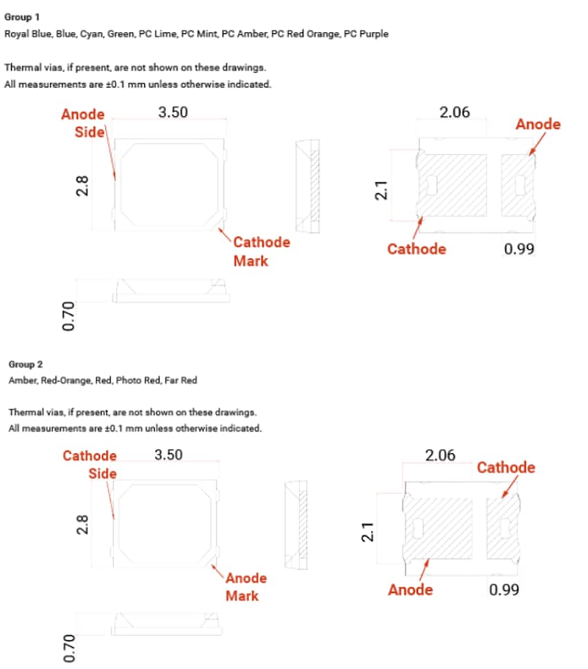 Mechanical Drawing - Cree LED J-Series 2835 Single Color LEDs